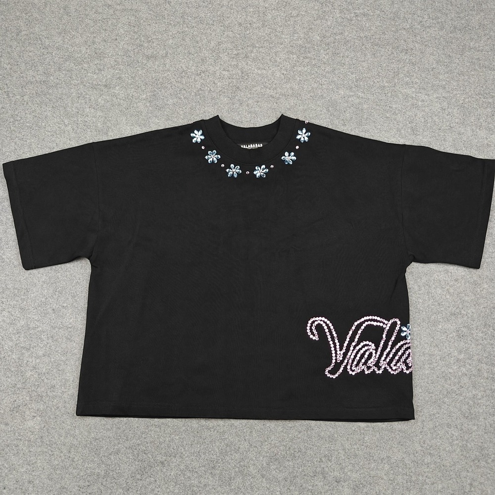 Valabasas Shirt Mens Medium Black Rhinestone Floral Logo Graphic Tee Streetwear